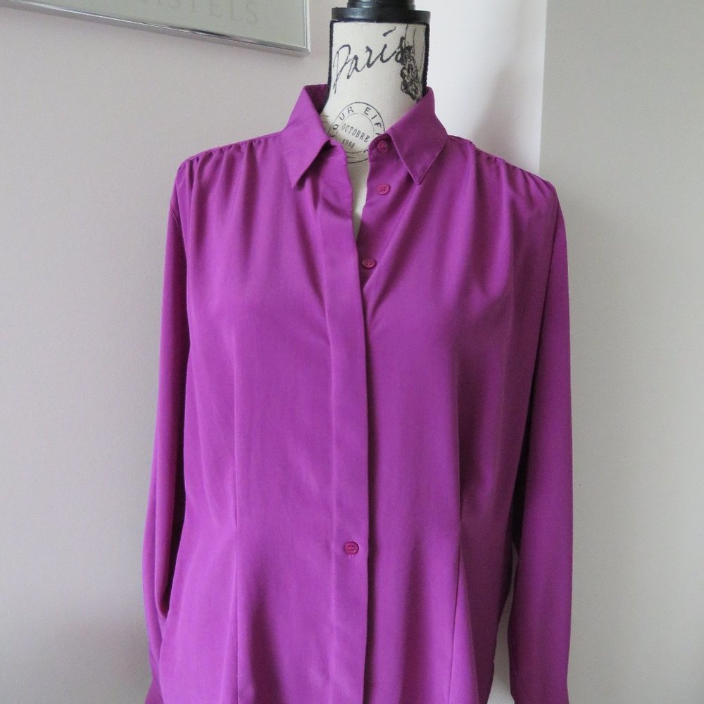 Vintage 1980s Fuschia Blouse With Hidden Buttons And Cinched Waist